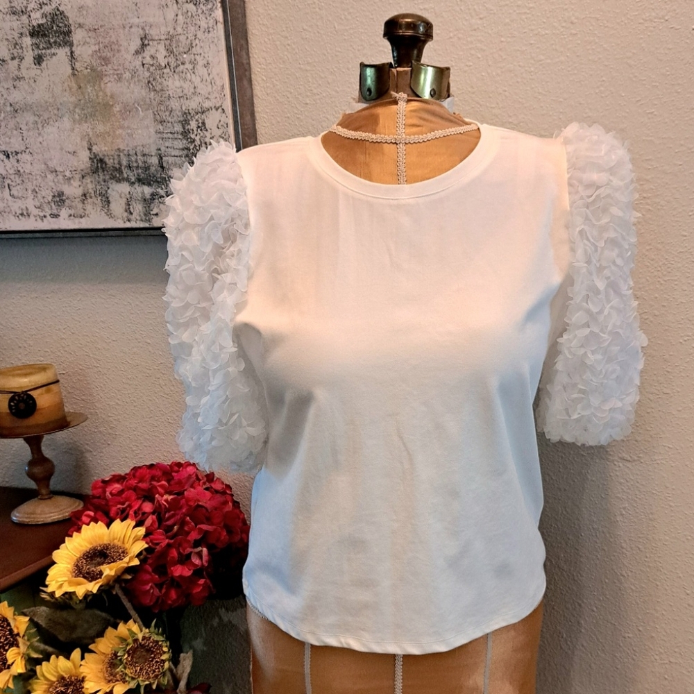 2 for $12 ITEM - Anthropolgie Flat White Ruffle Lace Sleeve Top - L - NWT
